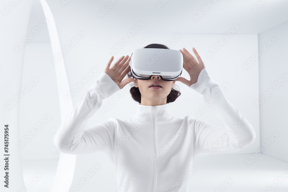 Woman Experiencing Virtual Reality with Smart Glasses, Future Technology Concept