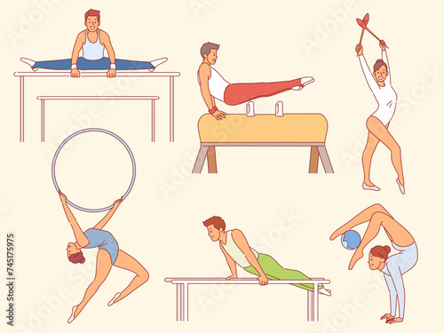 Athletic male and female gymnasts. Professional athletes, rhythmic acrobatics, flexible girls, strong boys, girl with ball and ring, sports competitions, cartoon flat illustration, vector set