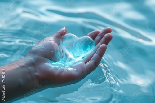 A human hand, with blue heart floating in water, symbolize of care for water and sustainable © Juibo
