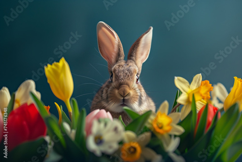 Cute Bunny Amidst Bright Easter Spring Blooms with Daffodils, Tulips, Hyacinths © JJS Creative