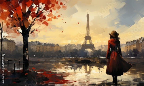 BEAUTIFUL YOUNG WOMAN IN RED BERET AND RED COAT IN PARIS. Retro. French style.. young French woman stands against the backdrop of the Eiffel Tower on a small street in Paris © PanArt