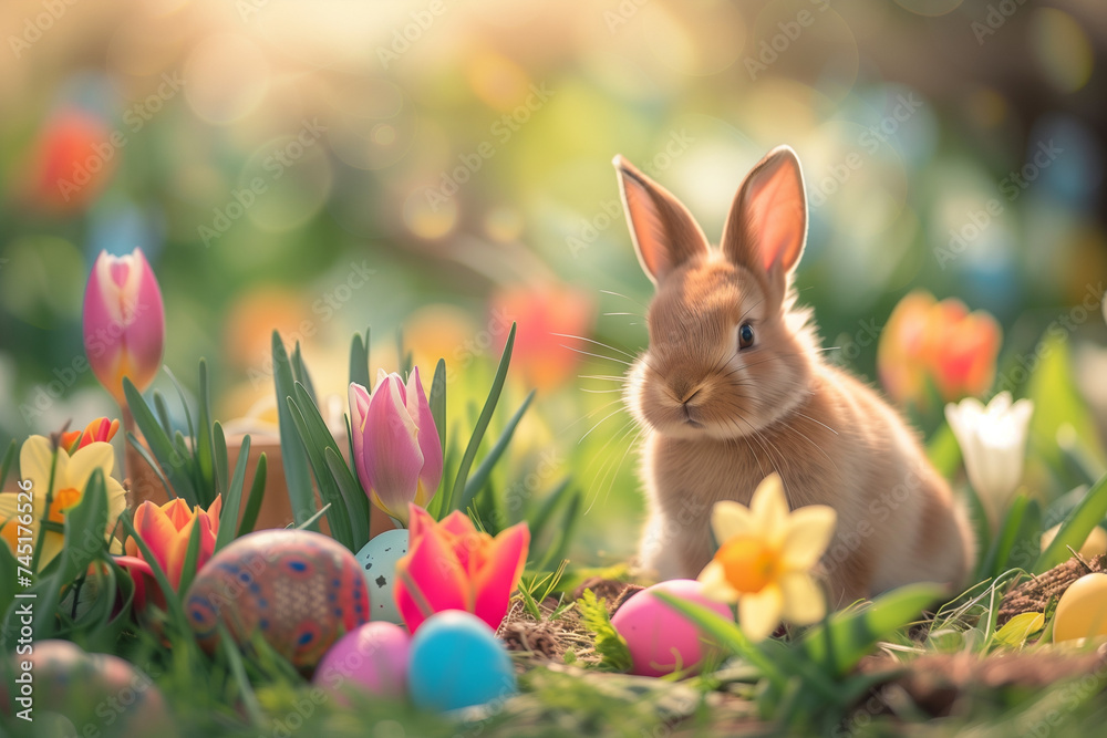 Fototapeta premium Cute Bunny Amidst Bright Easter Spring Blooms with Daffodils, Tulips, Hyacinths