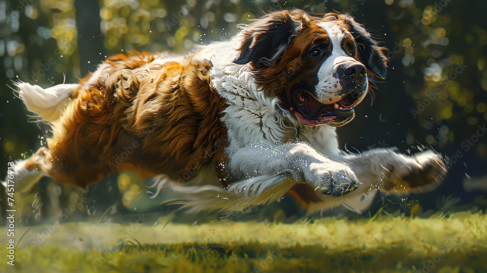 a dynamic moment with a hyperrealistic image of a Saint Bernard at play