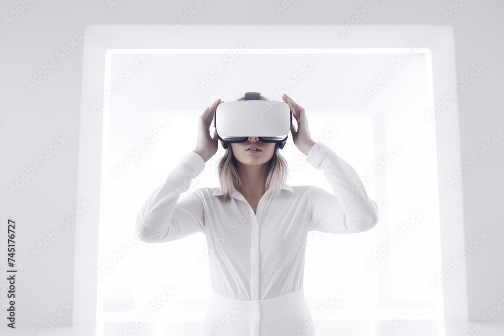 Woman Experiencing Virtual Reality with Smart Glasses, Future Technology Concept