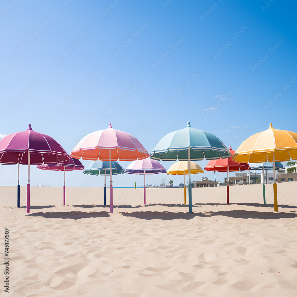 A row of colorful beach umbrellas on the sand. 