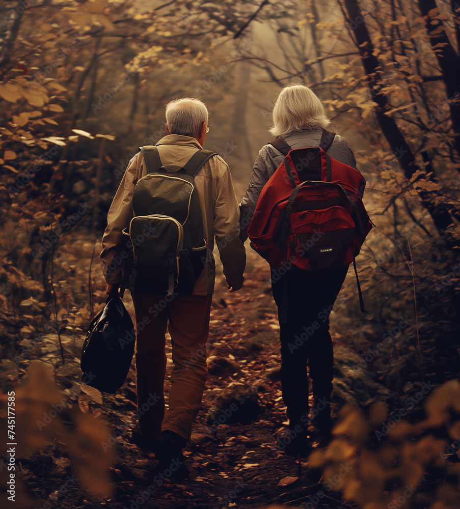senior couple walking in the forest