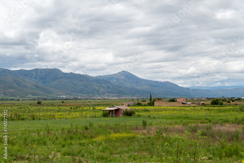 rural landscape  with fields of crops and rural houses  mountains in the background on a cloudy day