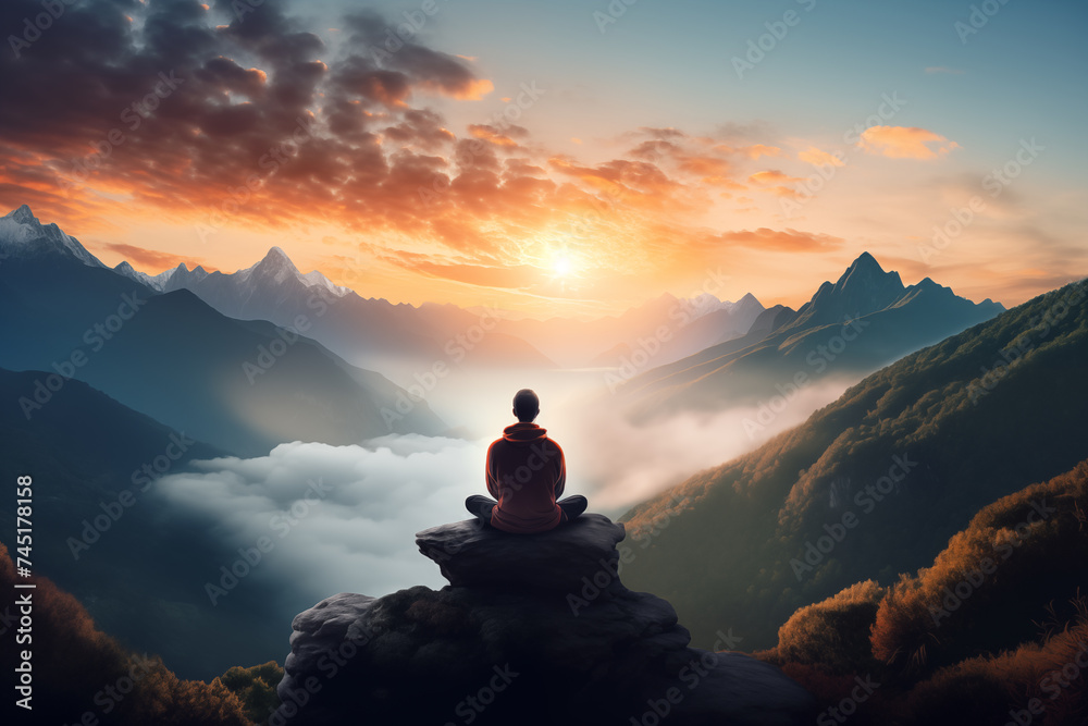 The person meditates on a mountain peak with a beautiful view of clouds, vibrant sunset, and mountains.