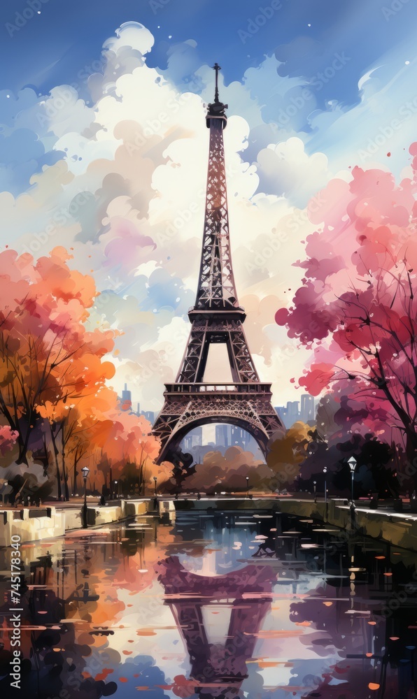 A bright picture with the sights of Paris. splashes of color. An emotional picture. Vertical Frame