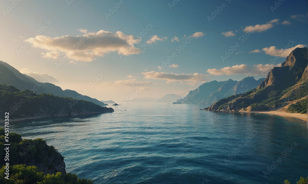 Mesmerizing picture of the morning sea on a beautiful mountain background. AI generated illustration