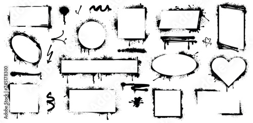 Spray paint frames. Black graffiti stencil borders with inky drips, blots and splatter. Grunge airbrush texture, dirty forms oval, round, heart, square, rectangular shapes isolated on white background