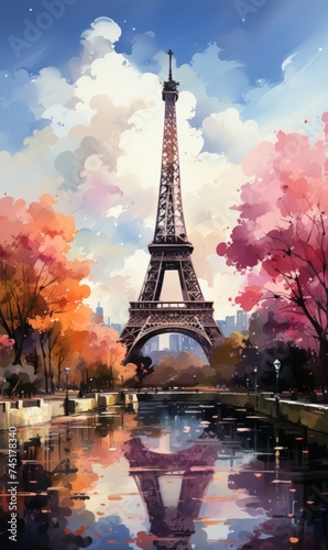 A bright picture with the sights of Paris. splashes of color. An emotional picture. Vertical Frame