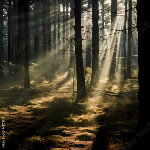 Abstract patterns of light and shadow in a forest.