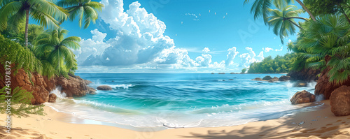 Tropical beach landscape. Summertime sandy beach in the distance tropical island photo realistic bright colors
