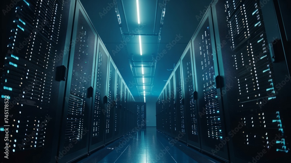 Modern Data Technology Center Server Racks in Dark Room with VFX. Visualization Concept of Internet of Things, Data Flow, Digitalization of Internet Traffic. Complex Electric Equipment Warehouse. Modern Data Technology Center Server Racks in Dark Room with VFX. Visualization Concept of Internet of Things, Data Flow, Digitalization of Internet Traffic. Complex Electric Equipment Warehouse.