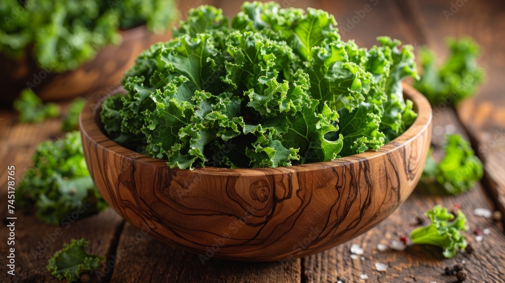 Wooden Bowl Filled With Green Leafy Greens Wooden Bowl Filled With Green Leafy Greens