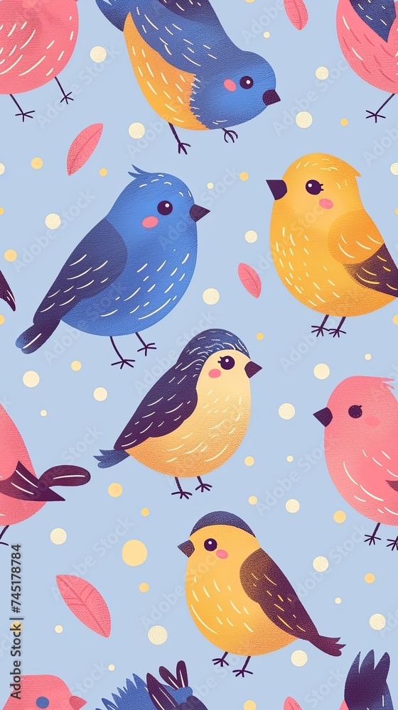 Bird wallpaper in style of colorful cartoons. Design for banner, poster, wallpaper, background.