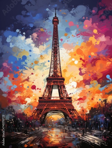 A bright picture with the sights of Paris. splashes of color. An emotional picture. Vertical Frame. holiday. bright colors . firework