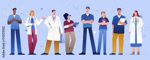 Medical student, nurses or doctors in hospital. Young physician specialist group of interns. Healthcare internship or medicine practice of medic characters. Therapist, dentist or surgeon in uniform.