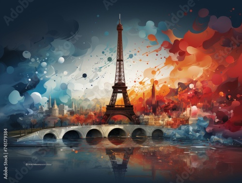 A bright picture with the sights of Paris. splashes of color. An emotional picture.