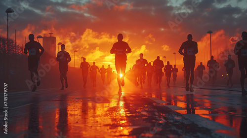 The quiet determination of marathon runners at dawn, documentary capture -