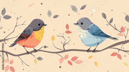 Bird wallpaper in style of colorful cartoons. Design for banner, poster, wallpaper, background. © jirayut