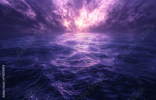 Surreal violet waves with sparkling particles, creating an abstract cosmic landscape. 