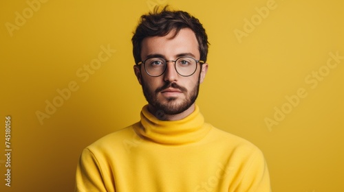 Studio Portrait of a confident handsome Man, a Creative Designer with Stubble, Wearing glasses and a fashionable Hoodie, looking at the camera on a yellow background with a copy space.