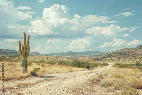 Desert landscape with towering cactus and winding road. Warm desert scenery with blue sky and cumulus clouds. Nature and wilderness concept for travel, poster, wallpaper. Serene outdoor composition