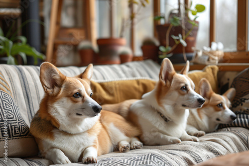 Corgi dogs relaxing on a sofa in a plant-filled room. Home comfort and pet peacefulness concept. Indoor lifestyle and animal companionship theme for poster  wallpaper. Warm home interior with pets