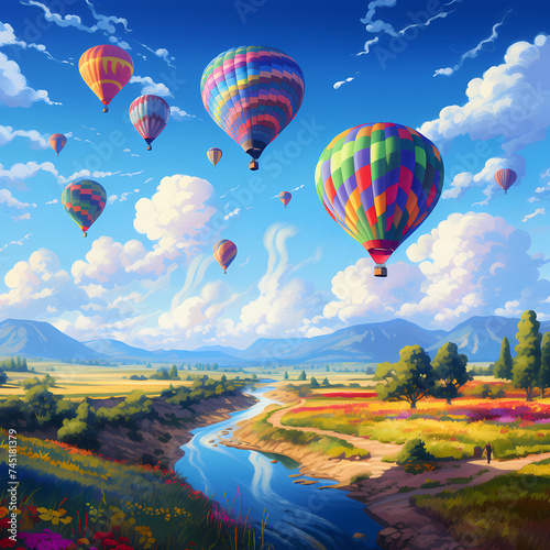 Colorful hot air balloons floating over a countryside