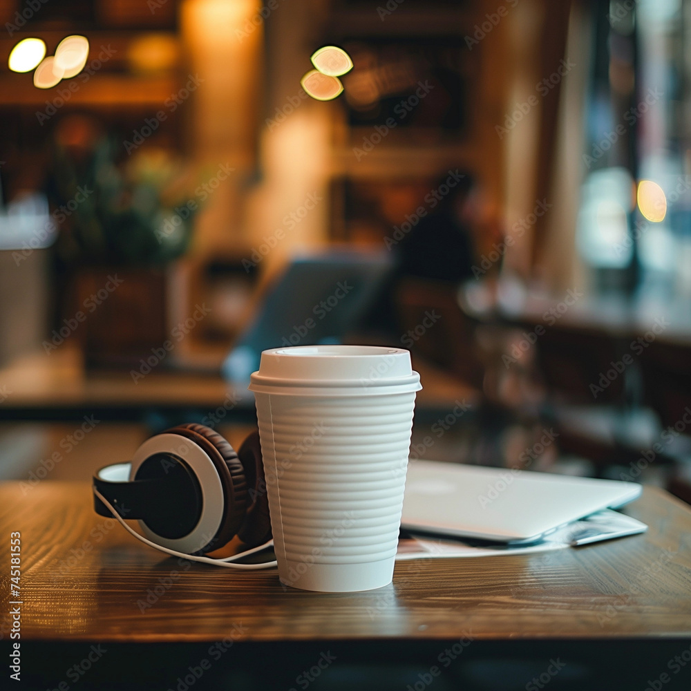 Closeup of a white paper cup of coffee on a table in an empty cafe without people. Nearby are the headphones and notebook. Mockup. High quality photo Closeup of a white paper cup of coffee on a table in an empty cafe without people. Nearby are the headphones and notebook. Mockup. High quality photo