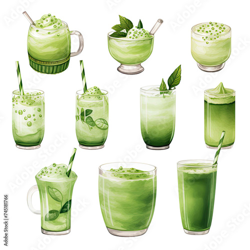 Watercolor Matcha Green tea elements leaves objects isolated on clear png background, various Japan matcha leaf plant, morning drinks, delicious beverages clipart set photo