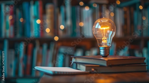Small light bulb glowing on the desk, with notebook and many books on background, reading and writing idea concept