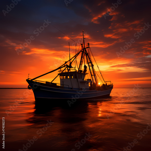 Fishing boat silhouetted against a fiery sunset. 