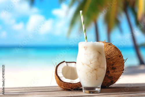 Escape to tropical bliss with this refreshing coconut drink on a serene beach setting photo