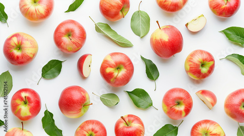 Red Apples and Green Leaves on White Background