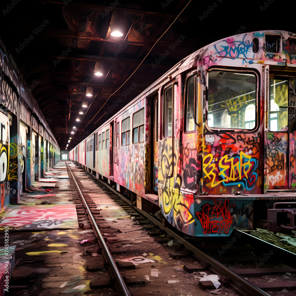 Graffiti-covered train cars in an abandoned station