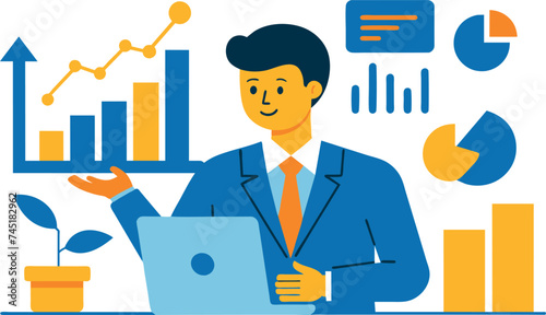 Businessman financial data analysis, economic and growth diagram, stock market exchange data, investment analysis, concept of growth generating revenue, and businessman's thinking illustrated through 