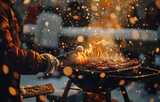 A chilly barbecue scene people grilling in winter coats with snow gently falling around a glowing warm grill