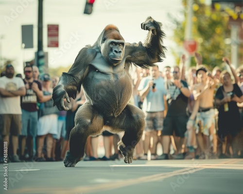 A breakdancing gorilla showing off impressive moves on a city street surrounded by an amazed crowd and upbeat music