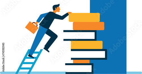Businessmen ascend the book stack staircase to reach the opportunity door through education or learning for new opportunities, wisdom or knowledge to open the door to success, solution, growth