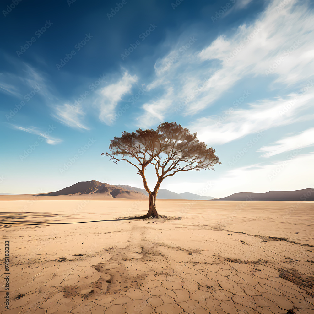 Lone tree in a vast desert landscape. 