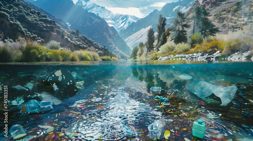 Water's Duality: Contrast between a polluted river and a crystal-clear mountain stream in a double exposure highlights the imperative of preserving water purity for the well-being of ecosystems.