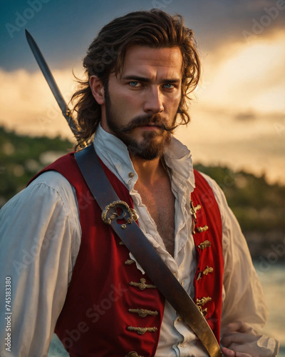 male pirate with long swept back brown hair photo