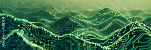 A digital landscape featuring circuit board mountains photo