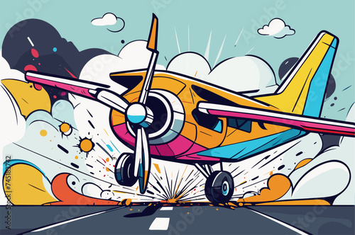 a broken airplane in an accident vector illustration line art