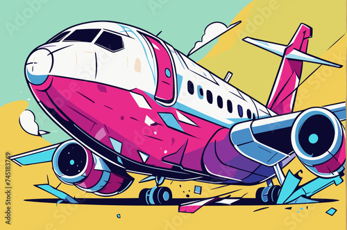 a broken airplane in an accident vector illustration line art