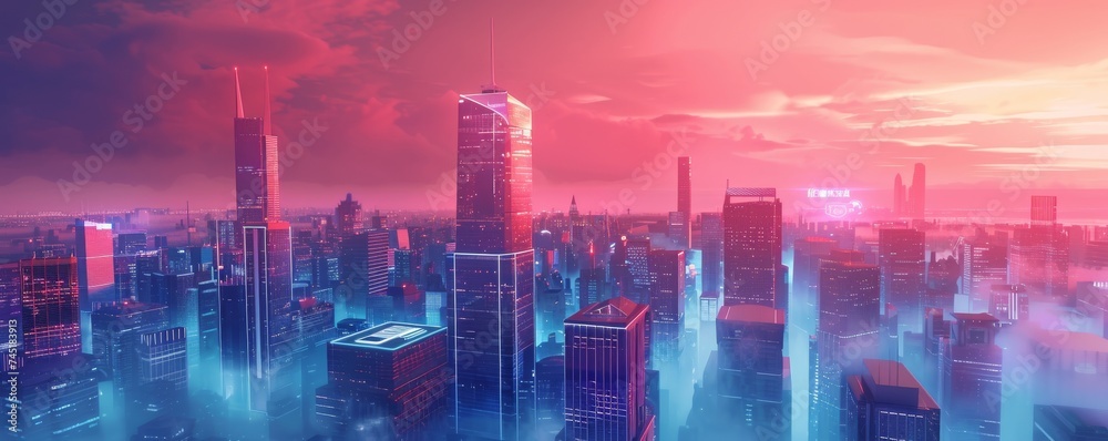 A futuristic cityscape protected by advanced cybersecurity measures - obrazy, fototapety, plakaty 