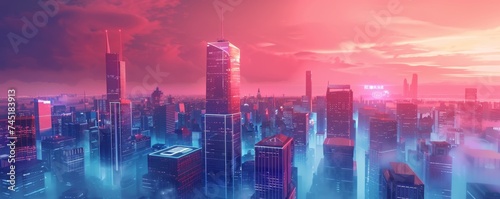 A futuristic cityscape protected by advanced cybersecurity measures photo